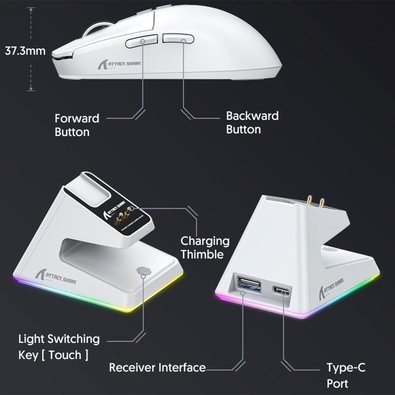 Mouse Gamer sem Fio Attack Shark X6 Ultraleve com Base de Carregamento Magnético RGB, Tri-Mode, 26.000 DPI, Sensor Óptico PAW3395, 7 Botões Programáveis - Branco