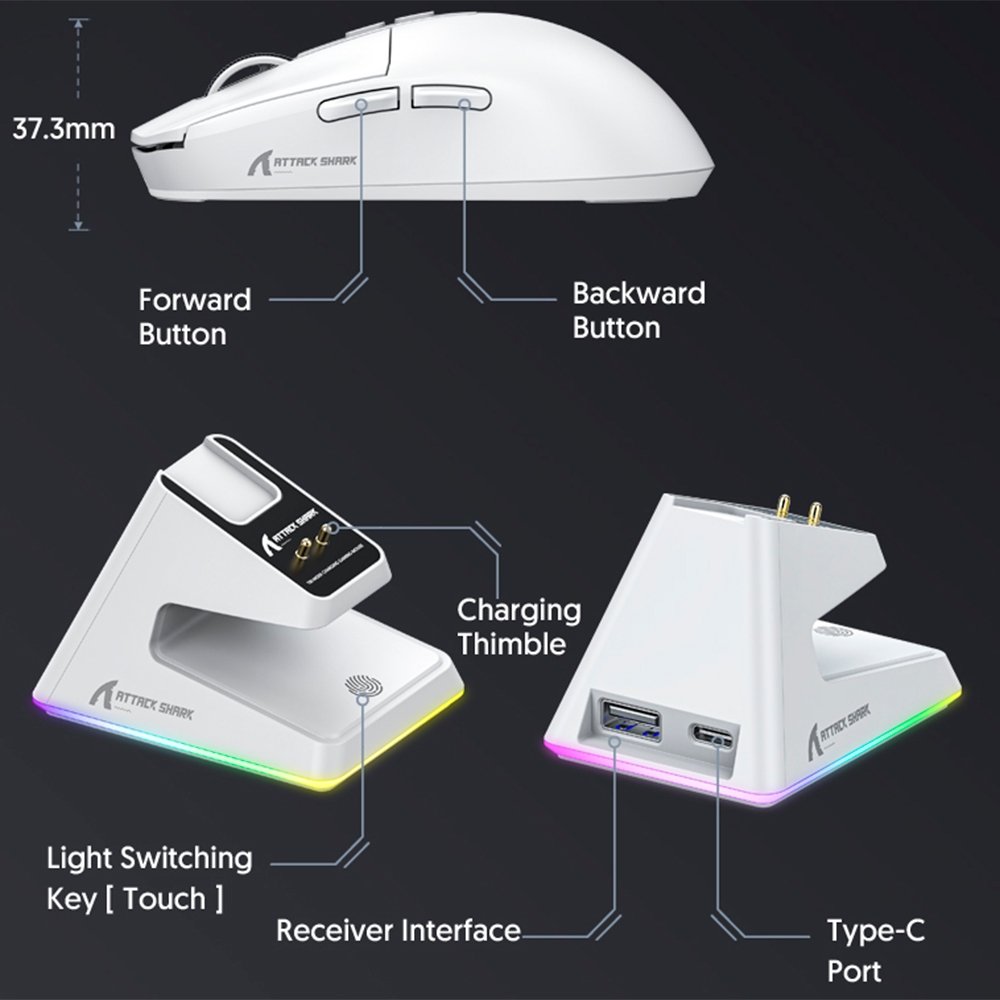 Imagem 17 de 19 do produto Mouse Gamer sem Fio Attack Shark X6 Ultraleve com Base de Carregamento Magnético RGB, Tri-Mode, 26.000 DPI, Sensor Óptico PAW3395, 7 Botões Programáveis - Branco