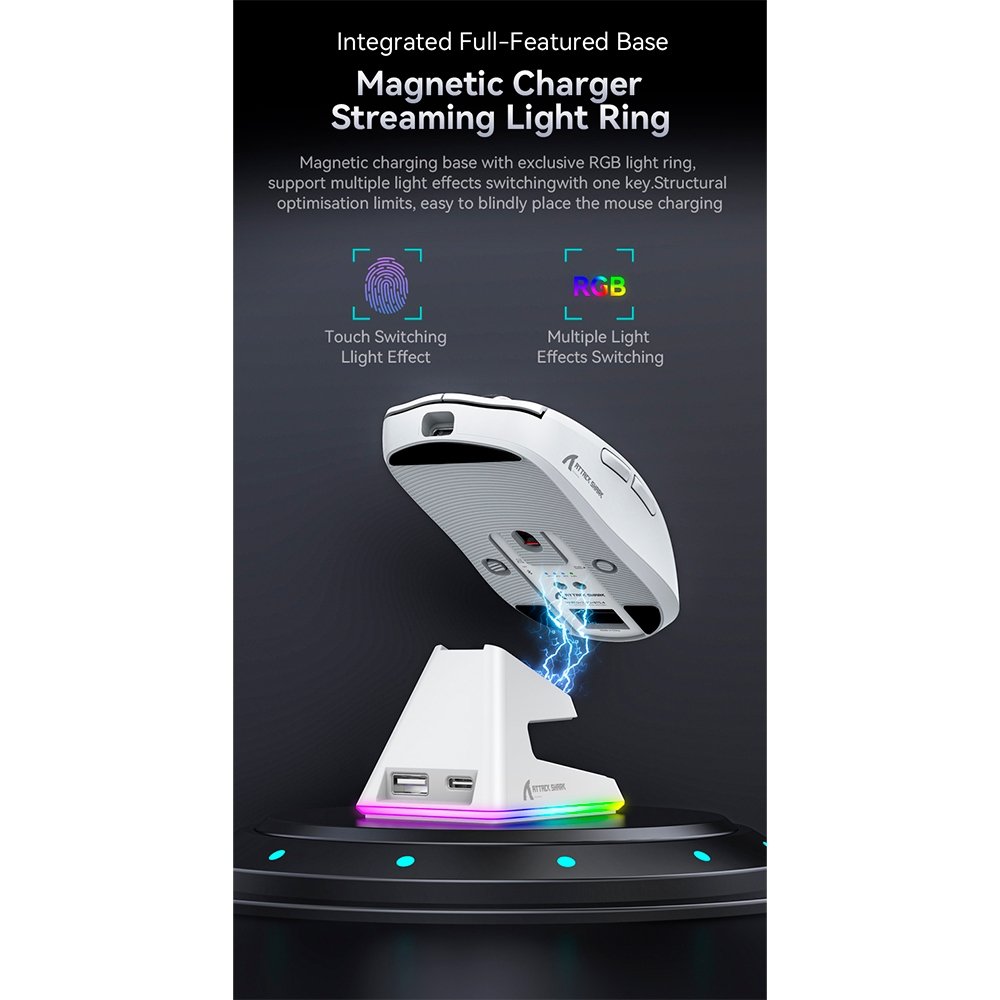Mouse Gamer sem Fio Attack Shark X6 Ultraleve com Base de Carregamento Magnético RGB, Tri-Mode, 26.000 DPI, Sensor Óptico PAW3395, 7 Botões Programáveis - Branco - view 10