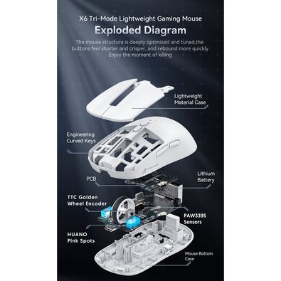Mouse Gamer sem Fio Attack Shark X6 Ultraleve com Base de Carregamento Magnético RGB, Tri-Mode, 26.000 DPI, Sensor Óptico PAW3395, 7 Botões Programáveis - Branco