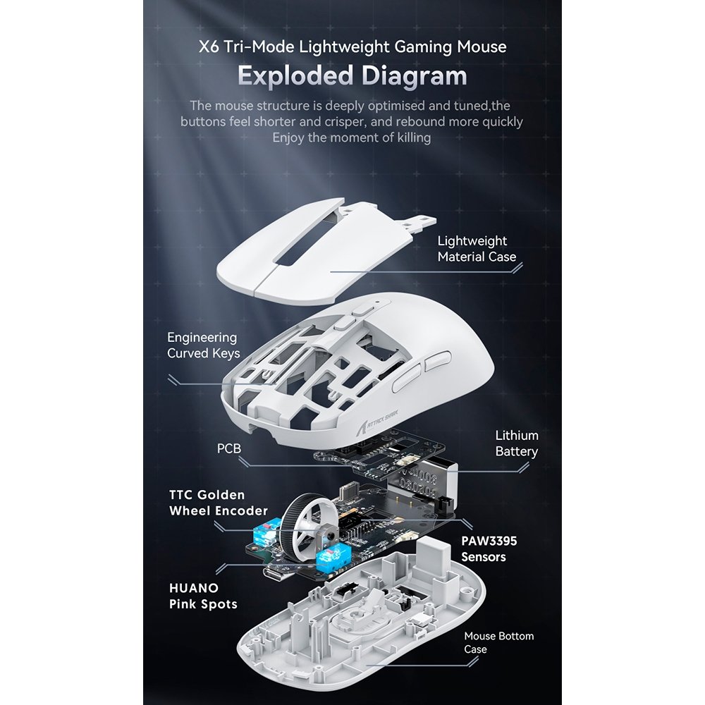 Imagem 14 de 19 do produto Mouse Gamer sem Fio Attack Shark X6 Ultraleve com Base de Carregamento Magnético RGB, Tri-Mode, 26.000 DPI, Sensor Óptico PAW3395, 7 Botões Programáveis - Branco