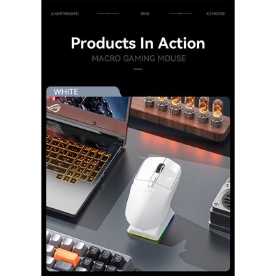 Mouse Gamer sem Fio Attack Shark X6 Ultraleve com Base de Carregamento Magnético RGB, Tri-Mode, 26.000 DPI, Sensor Óptico PAW3395, 7 Botões Programáveis - Branco
