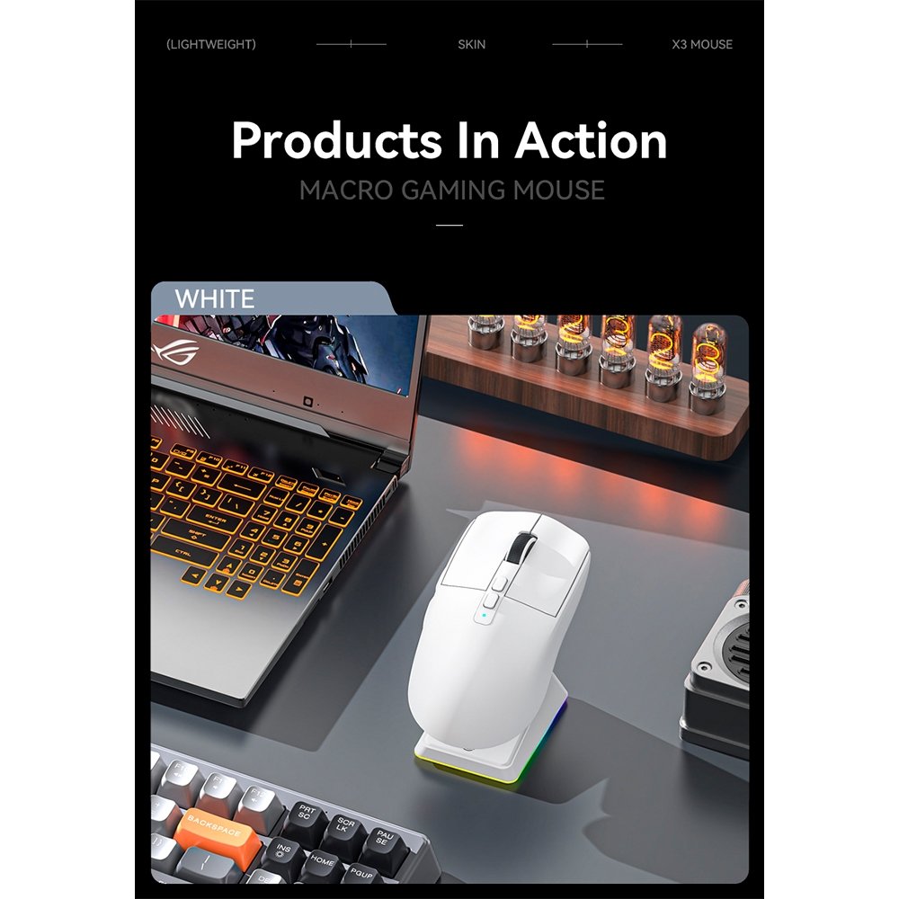 Imagem 18 de 19 do produto Mouse Gamer sem Fio Attack Shark X6 Ultraleve com Base de Carregamento Magnético RGB, Tri-Mode, 26.000 DPI, Sensor Óptico PAW3395, 7 Botões Programáveis - Branco