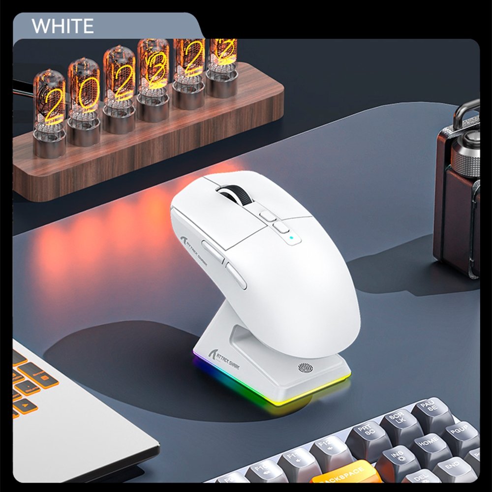 Imagem 19 de 19 do produto Mouse Gamer sem Fio Attack Shark X6 Ultraleve com Base de Carregamento Magnético RGB, Tri-Mode, 26.000 DPI, Sensor Óptico PAW3395, 7 Botões Programáveis - Branco