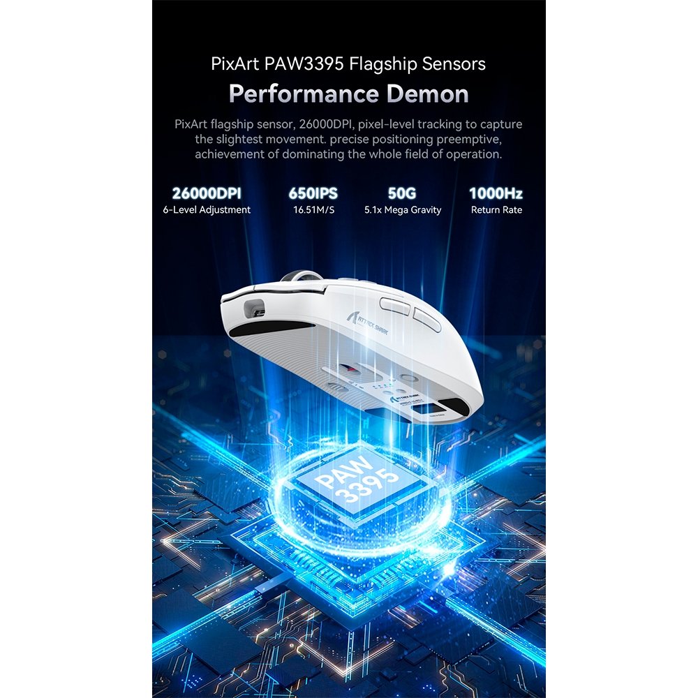 Mouse Gamer sem Fio Attack Shark X6 Ultraleve com Base de Carregamento Magnético RGB, Tri-Mode, 26.000 DPI, Sensor Óptico PAW3395, 7 Botões Programáveis - Branco - view 9