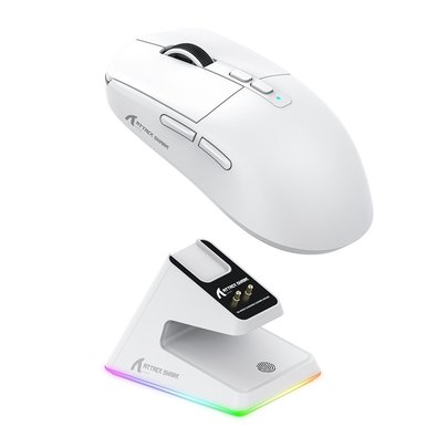 Mouse Gamer sem Fio Attack Shark X6 Ultraleve com Base de Carregamento Magnético RGB, Tri-Mode, 26.000 DPI, Sensor Óptico PAW3395, 7 Botões Programáveis - Branco
