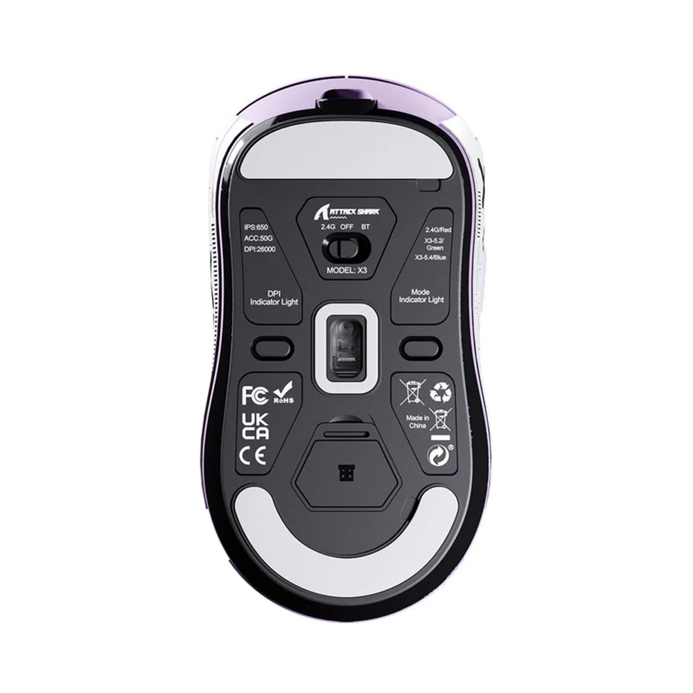 Imagem 5 de 6 do produto Mouse Gamer sem Fio Attack Shark X3 Tri-Mode, 26.000 DPI, Sensor Óptico PAW3395, 6 Botões Programáveis - Lilás