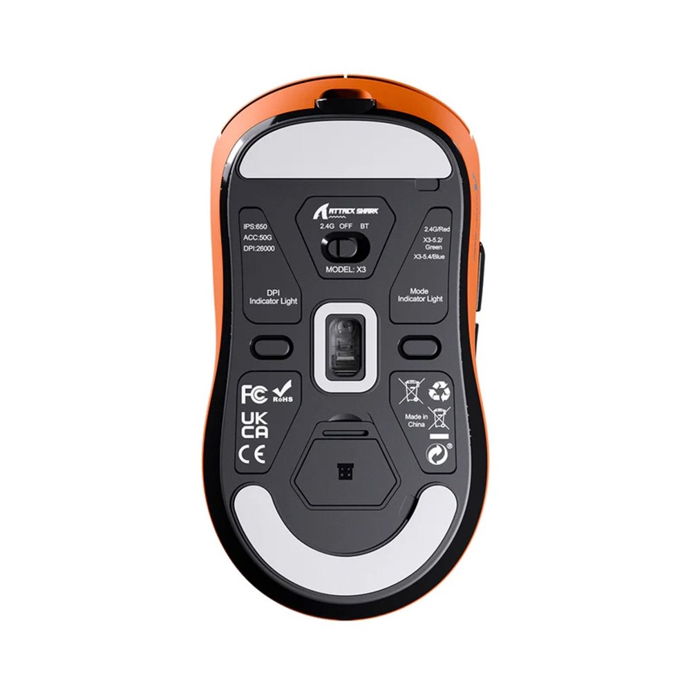 Mouse Gamer sem Fio Attack Shark X3 Tri-Mode, 26.000 DPI, Sensor Óptico PAW3395, 6 Botões Programáveis - Laranja Mouse Gamer sem Fio Attack Shark X3 Tri-Mode, 26.000 DPI, Sensor Óptico PAW3395, 6 Botões Programáveis - Laranja