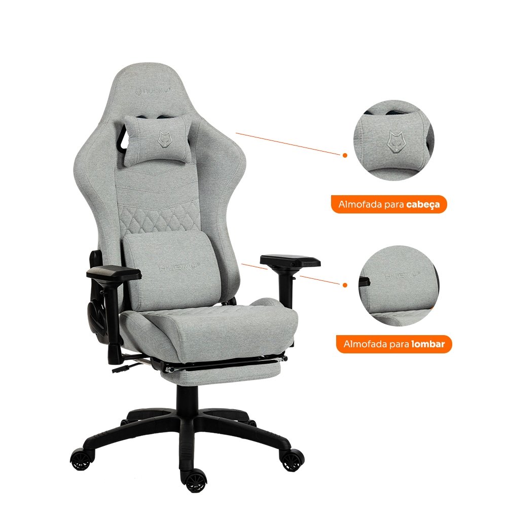Imagem 2 de 7 do produto Cadeira Gamer Husky Tempest 4D, Até 145kg, Braços 4D, Almofadas, Reclinável 150º, Tecido, Descanso para Pés, Cinza Tecido - HCG700CZT4D