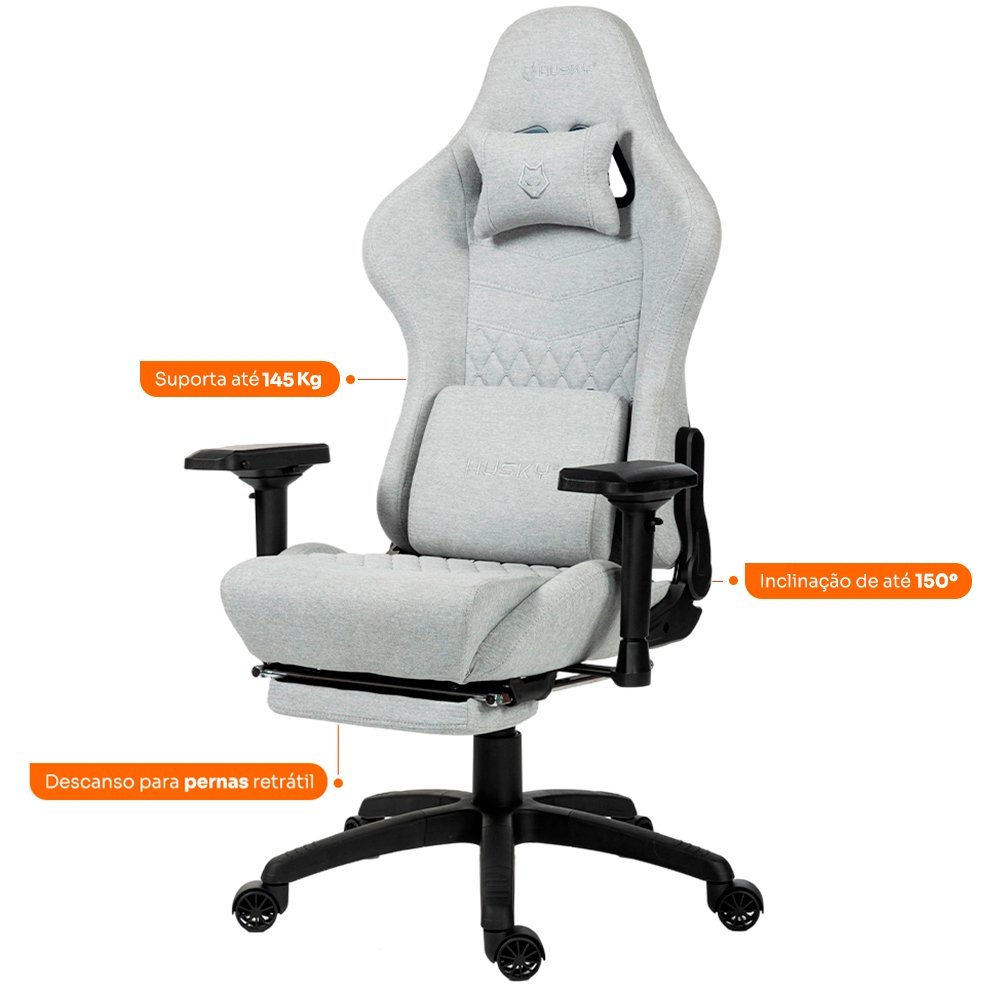 Imagem 3 de 7 do produto Cadeira Gamer Husky Tempest 4D, Até 145kg, Braços 4D, Almofadas, Reclinável 150º, Tecido, Descanso para Pés, Cinza Tecido - HCG700CZT4D