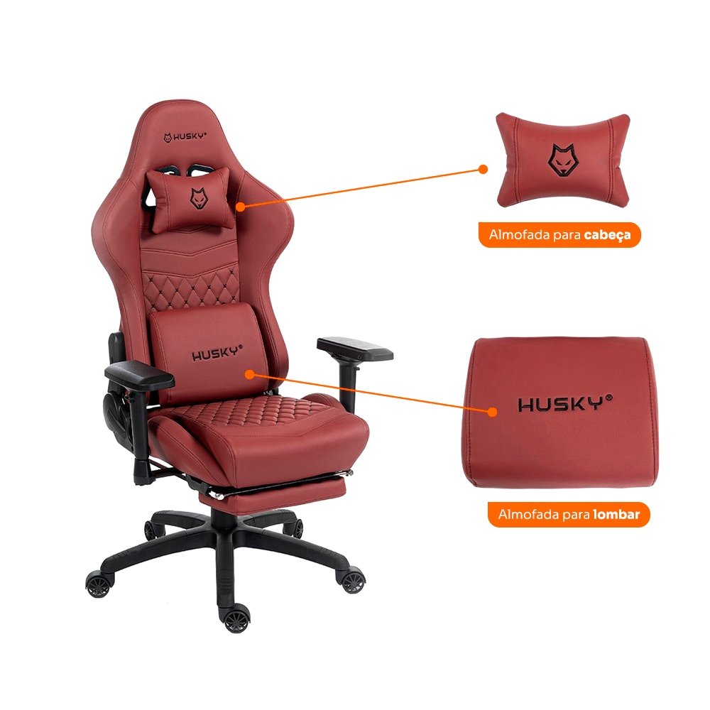 Imagem 2 de 7 do produto Cadeira Gamer Husky Tempest 4D, Até 145kg, Braços 4D, Almofadas, Reclinável 150º, PU, Descanso para Pés, Vermelha -  HCG700VR4D