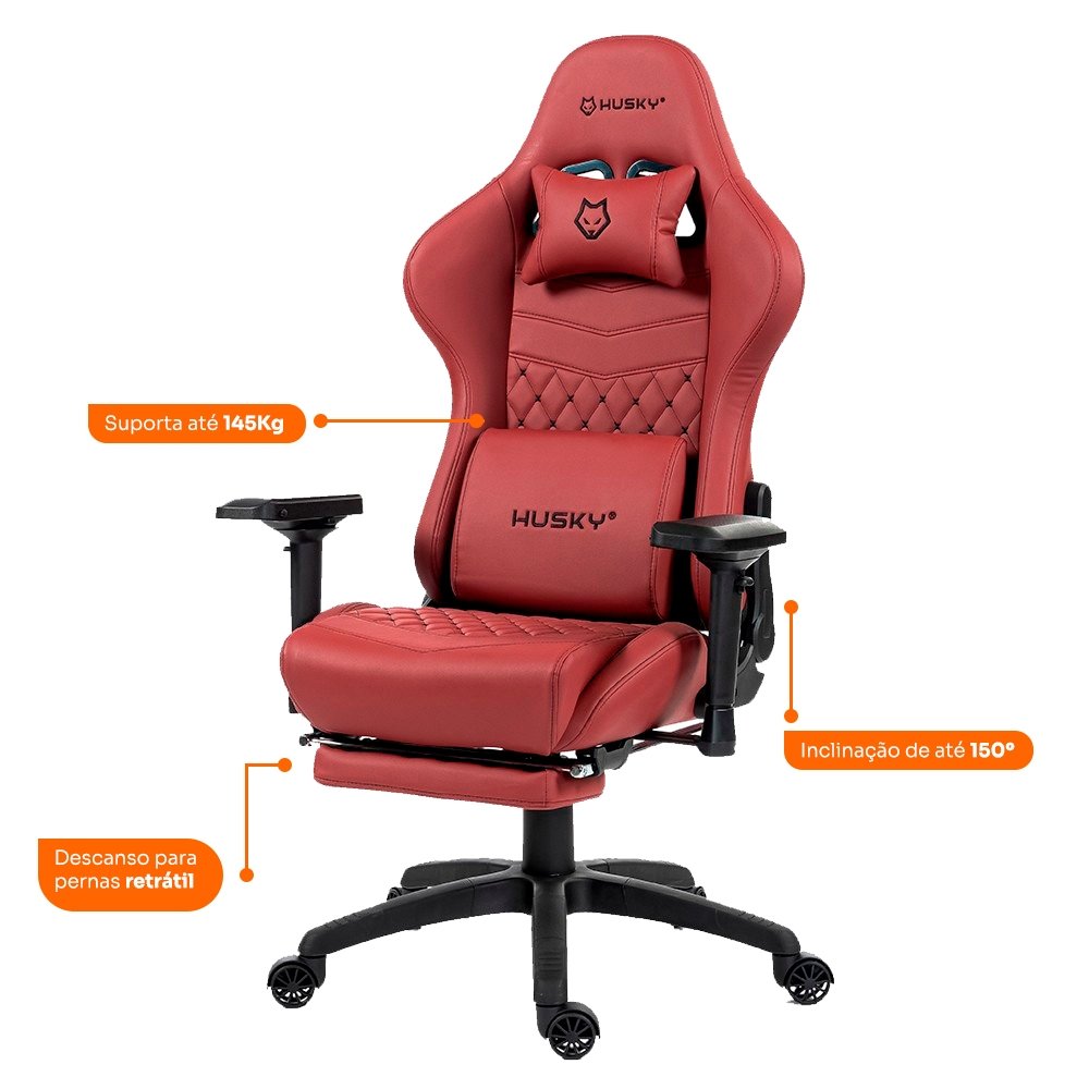Imagem 3 de 7 do produto Cadeira Gamer Husky Tempest 4D, Até 145kg, Braços 4D, Almofadas, Reclinável 150º, PU, Descanso para Pés, Vermelha -  HCG700VR4D