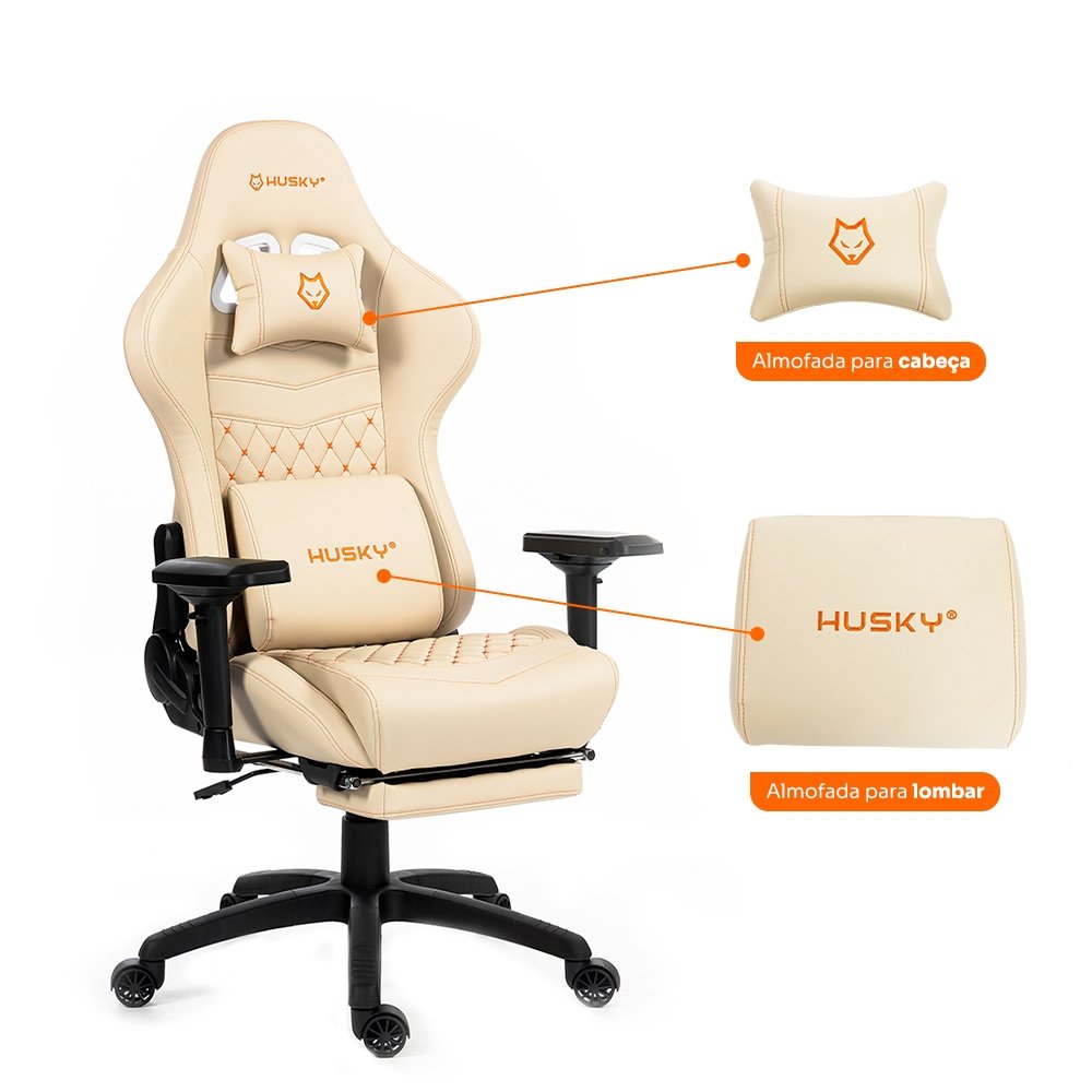 Imagem 2 de 7 do produto Cadeira Gamer Husky Tempest 4D, Até 145kg, Braços 4D, Almofadas, Reclinável 150º, PU, Descanso para Pés, Branca - HCG700BR4D