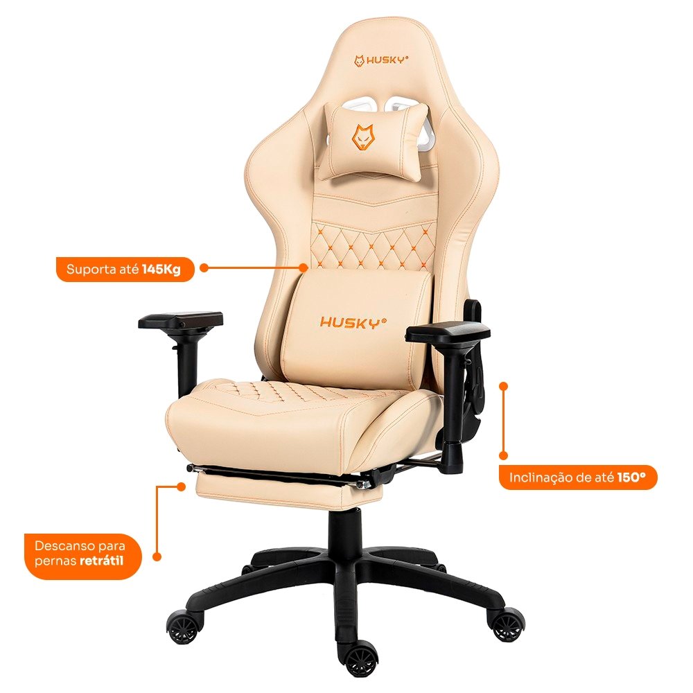 Imagem 3 de 7 do produto Cadeira Gamer Husky Tempest 4D, Até 145kg, Braços 4D, Almofadas, Reclinável 150º, PU, Descanso para Pés, Branca - HCG700BR4D
