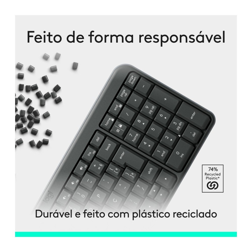 Imagem 6 de 9 do produto Teclado Sem Fio Logitech K250 Compacto, Teclado Numérico, Bluetooth, Resistente a Derramamentos, ABNT2, PC/Mac, Grafite - 920-013448