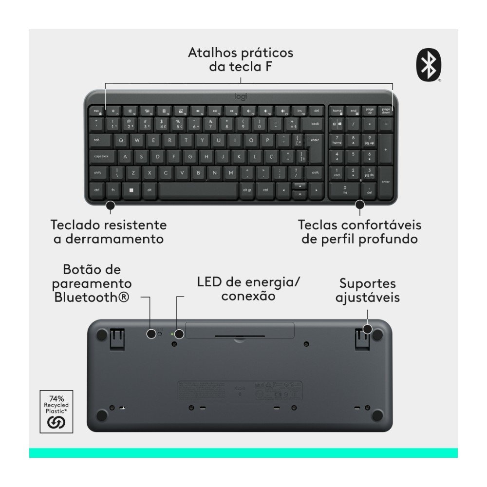 Imagem 7 de 9 do produto Teclado Sem Fio Logitech K250 Compacto, Teclado Numérico, Bluetooth, Resistente a Derramamentos, ABNT2, PC/Mac, Grafite - 920-013448