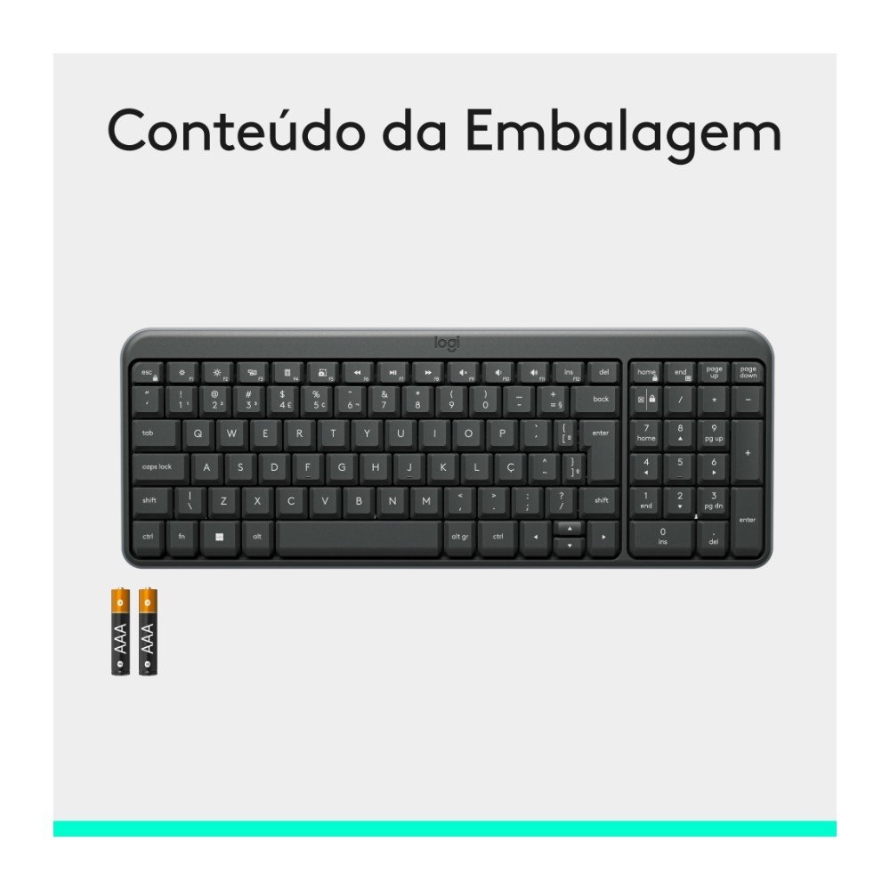 Imagem 8 de 9 do produto Teclado Sem Fio Logitech K250 Compacto, Teclado Numérico, Bluetooth, Resistente a Derramamentos, ABNT2, PC/Mac, Grafite - 920-013448