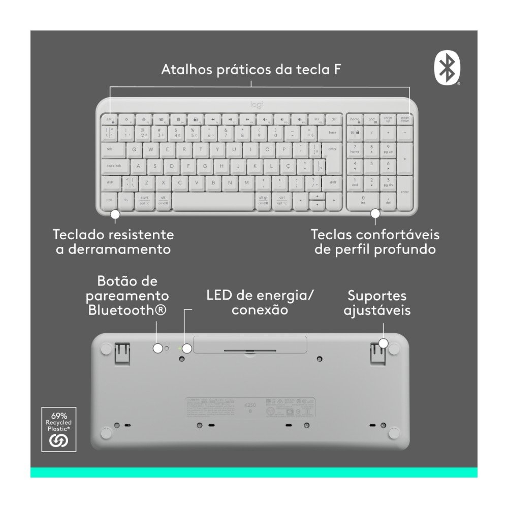Imagem 8 de 10 do produto Kit Teclado e Mouse Sem Fio Logitech MK250 Compacto, Mouse Ambidestro, Bluetooth, ABNT2, Compatível PC e Mac, Branco - 920-013517