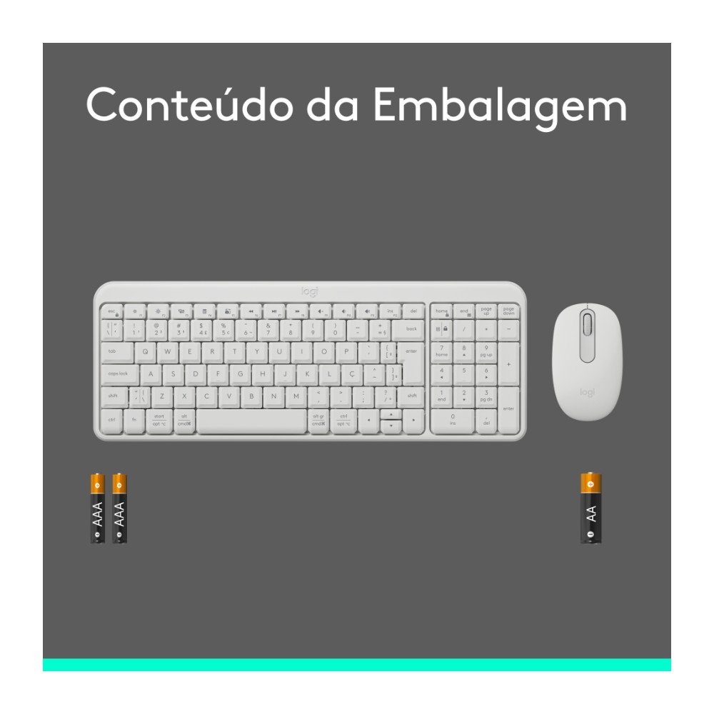 Imagem 9 de 10 do produto Kit Teclado e Mouse Sem Fio Logitech MK250 Compacto, Mouse Ambidestro, Bluetooth, ABNT2, Compatível PC e Mac, Branco - 920-013517