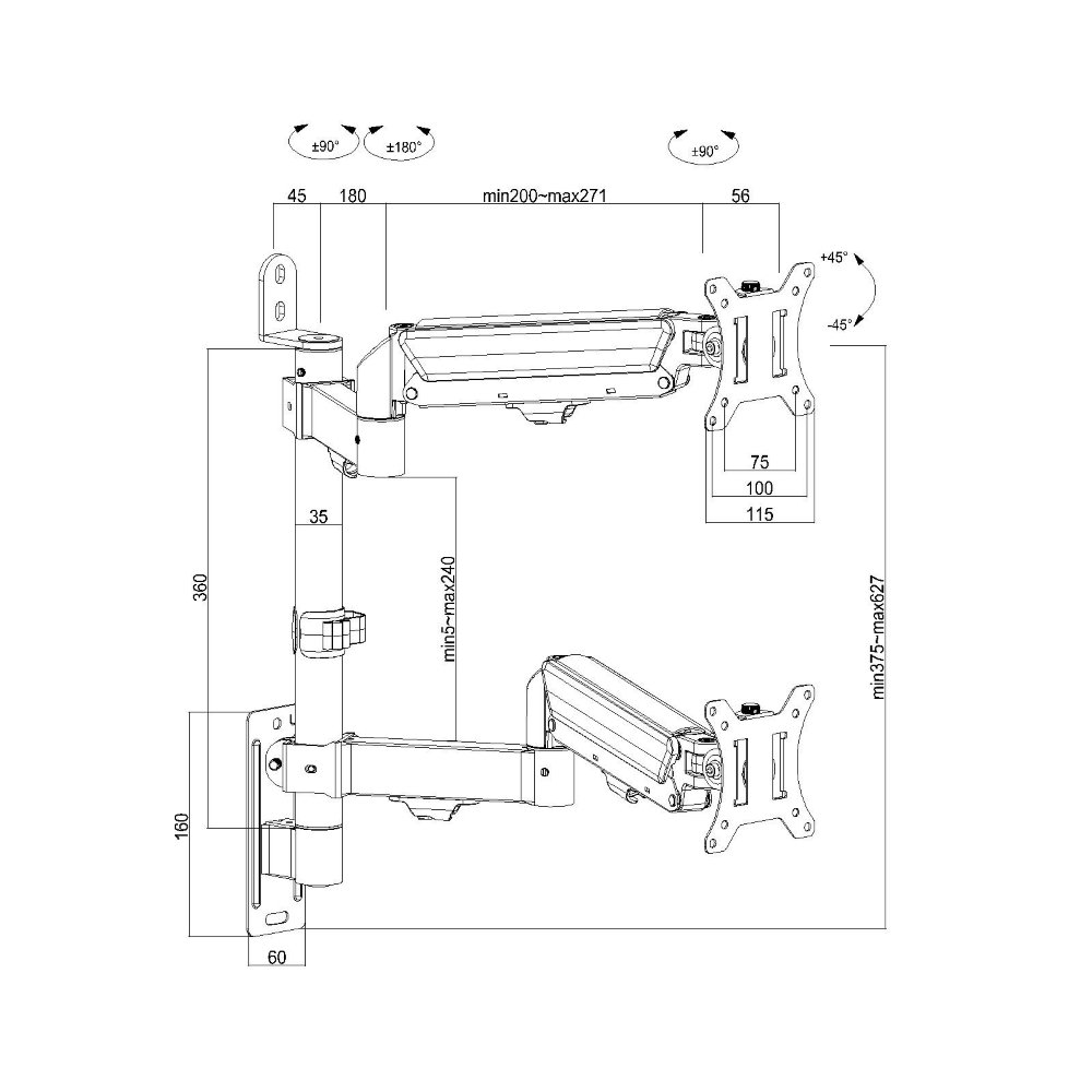 Suporte de Parede Articulado para 2 Monitores de 17 a 32 Ergofirst, Ajuste com Pistão a Gás, Preto - G16-124 - view 5