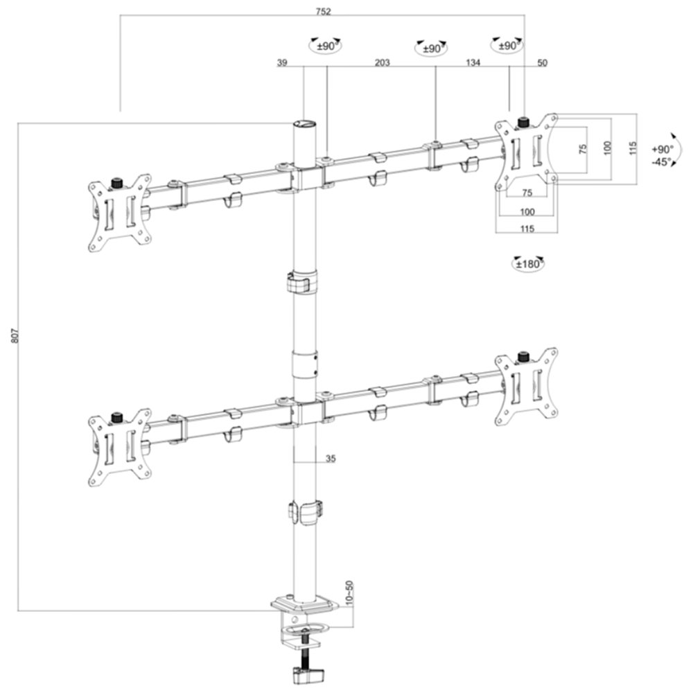 Suporte de Mesa Articulado para 4 Monitores de 13 a 32 Ergofirst, Ajuste de Inclinação, Altura e Giro, Preto - G01-C048N - view 6