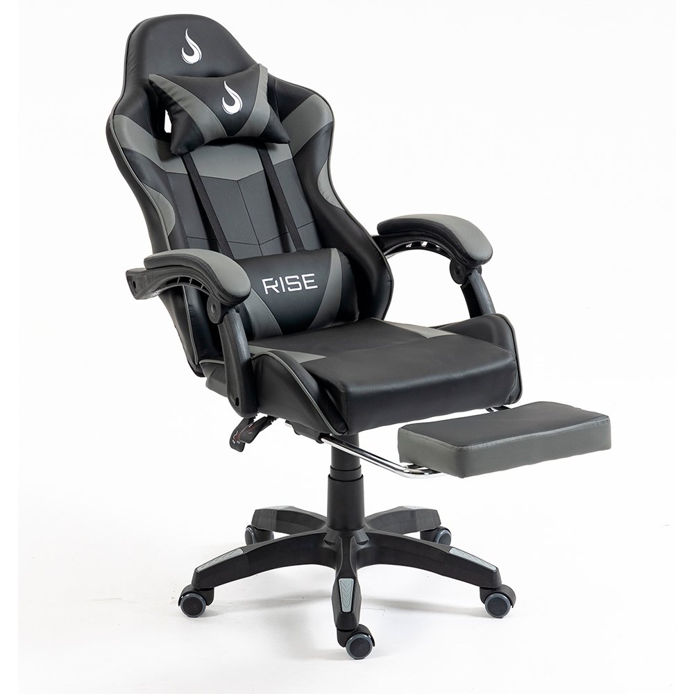 Imagem 5 de 16 do produto Cadeira Gamer Rise Mode X06, Ângulo Ajustável, Até 120Kg, Apoio Para os Pés Retrátil, Preto e Cinza - RM-CG-X06-BG