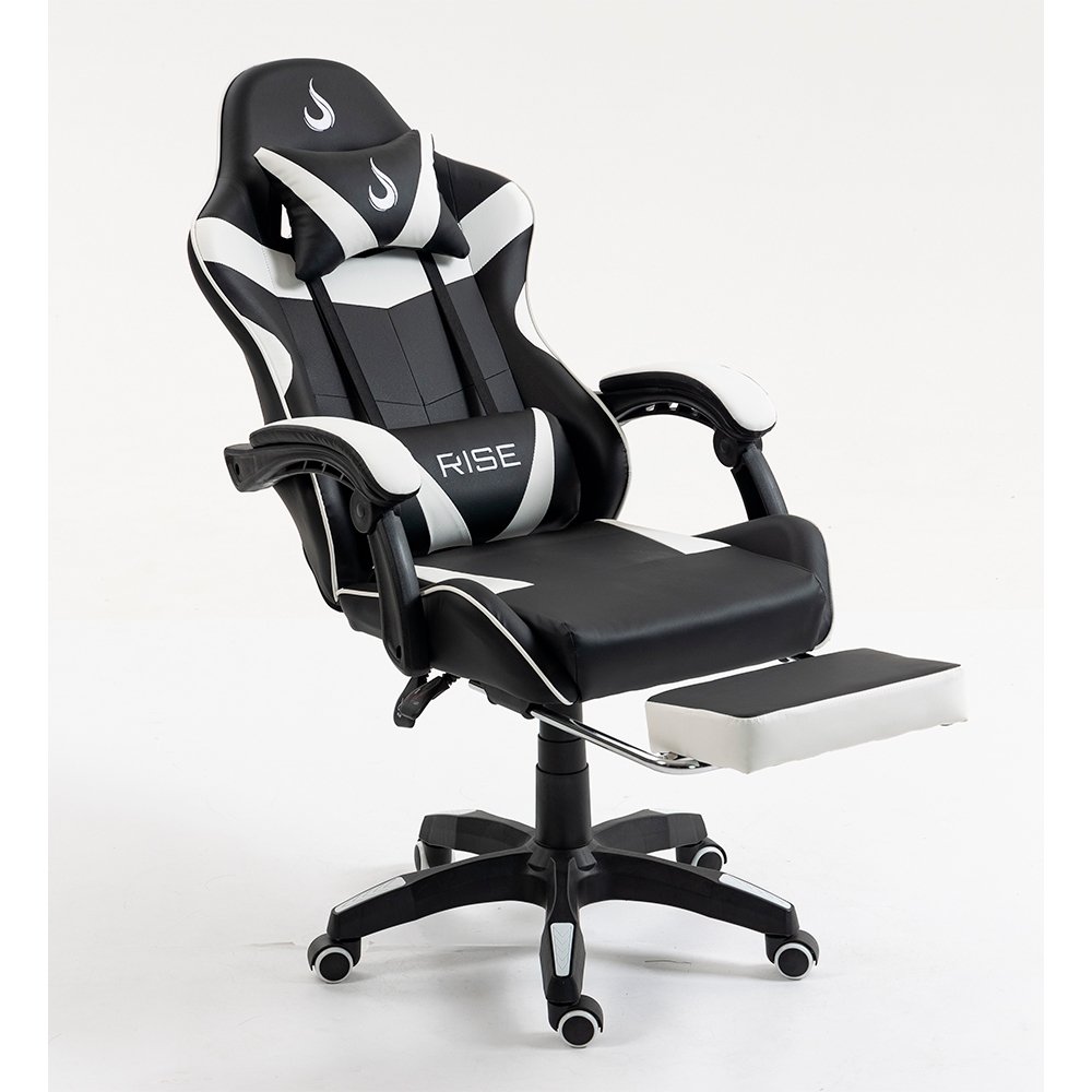 Imagem 5 de 16 do produto Cadeira Gamer Rise Mode X06, Ângulo Ajustável, Até 120Kg, Apoio Para os Pés Retrátil, Preto e Branco - RM-CG-X06-BW