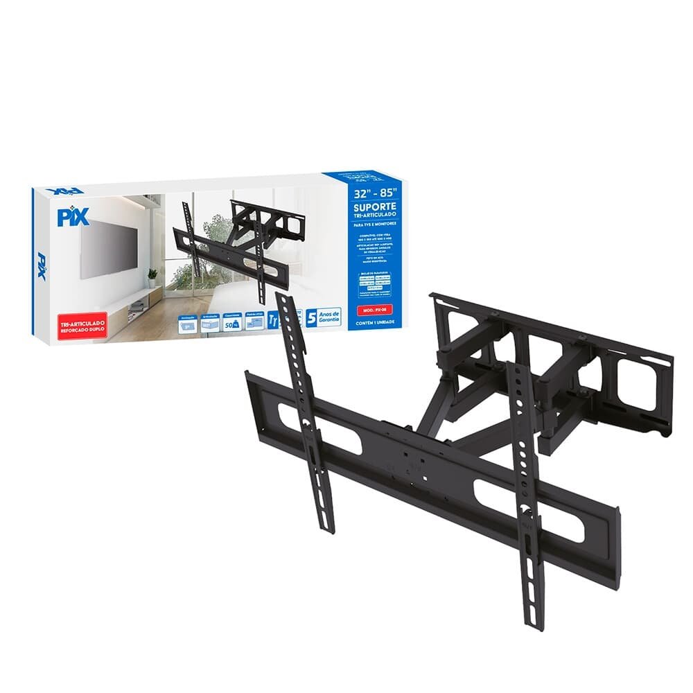 Suporte para TV PIX PX-36, Tri-Articulado, para TVs de 32 a 85, Reforçado Duplo, Preto - 079-0049