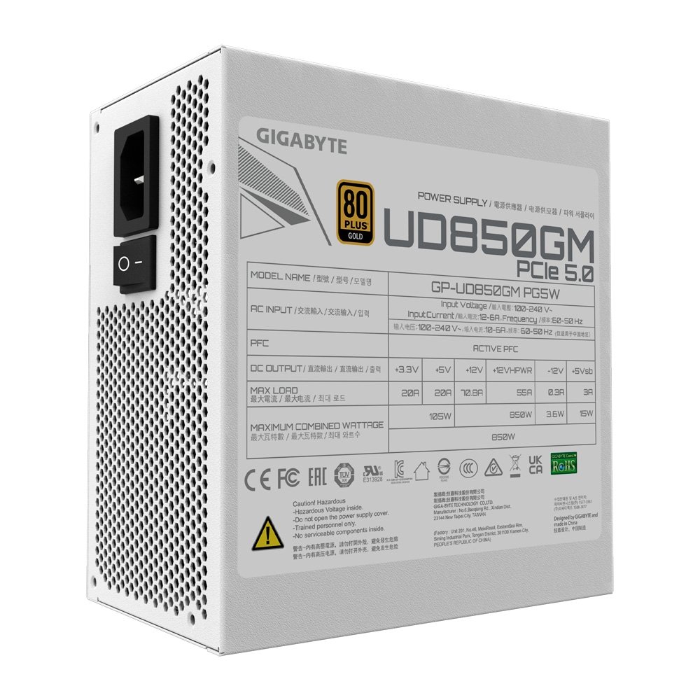 Imagem 4 de 7 do produto Fonte Gigabyte UD850GM PG5W, 850W, 80 PLUS Gold, Modular, PFC Ativo, Branca - 28200-U85GW-1USR