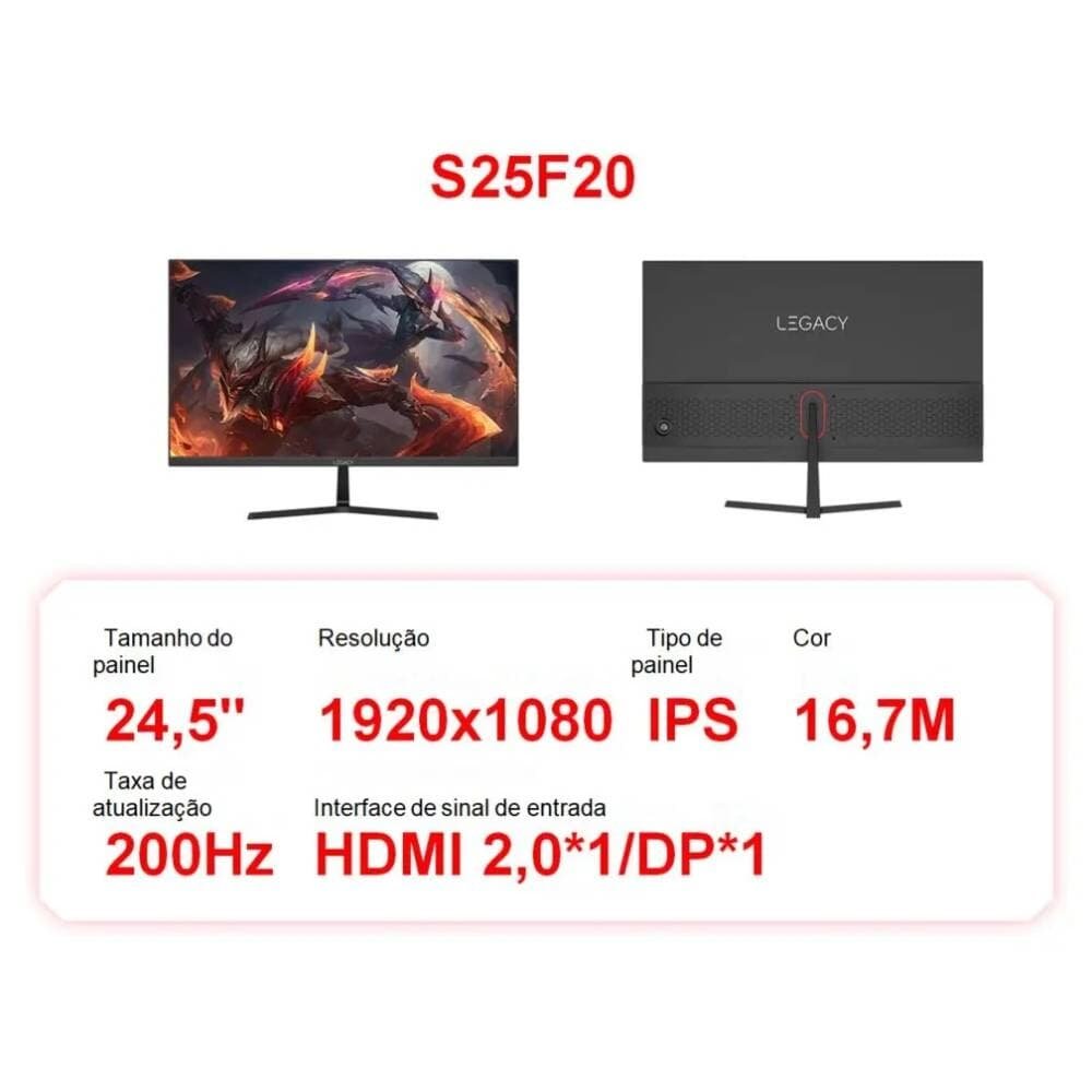 Imagem 2 de 5 do produto Monitor Gamer 200Hz 1ms Full HD Legacy S25F20 24,5" HDMI DisplayPort FreeSync e G-Sync
