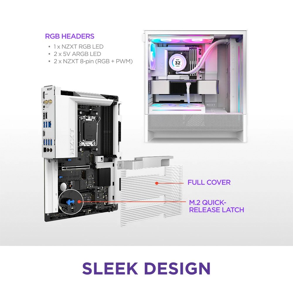 Imagem 5 de 9 do produto Placa Mãe NZXT N7 B850, AMD B850, AM5, ATX, DDR5, com Wi-Fi e Cover, Branca - N7-B85XT-W1