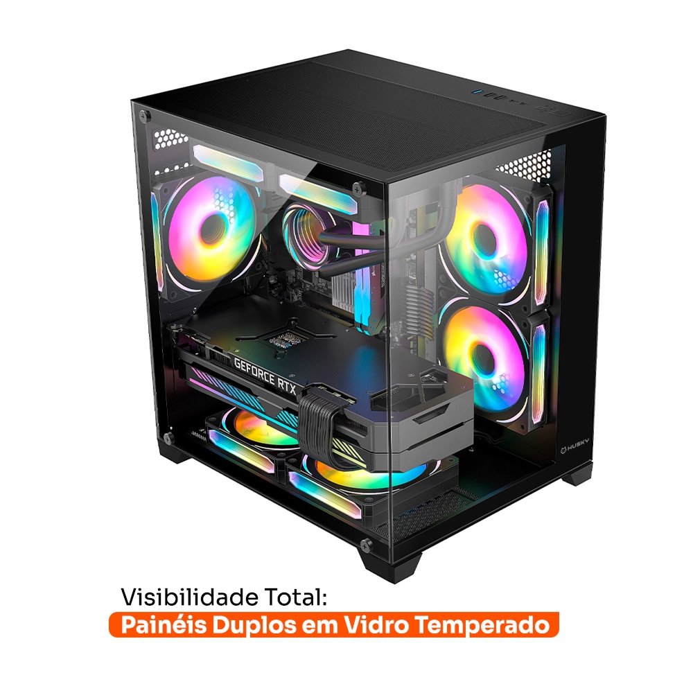 Gabinete Gamer Husky Dome 10, Micro-ATX, Lateral e Frontal em Vidro, Sem Fans, Preto - HGN10PT Gabinete Gamer Husky Dome 10, Micro-ATX, Lateral e Frontal em Vidro, Sem Fans, Preto - HGN10PT