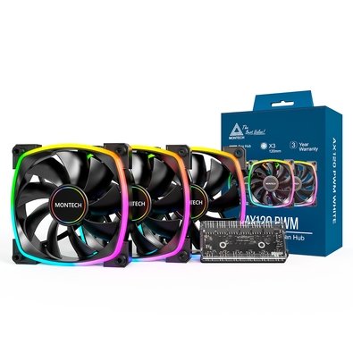 Kit com 3 Ventoinhas Montech AX120, 120mm, PWM, ARGB, Preto - AX120 PWM Black 3 in 1