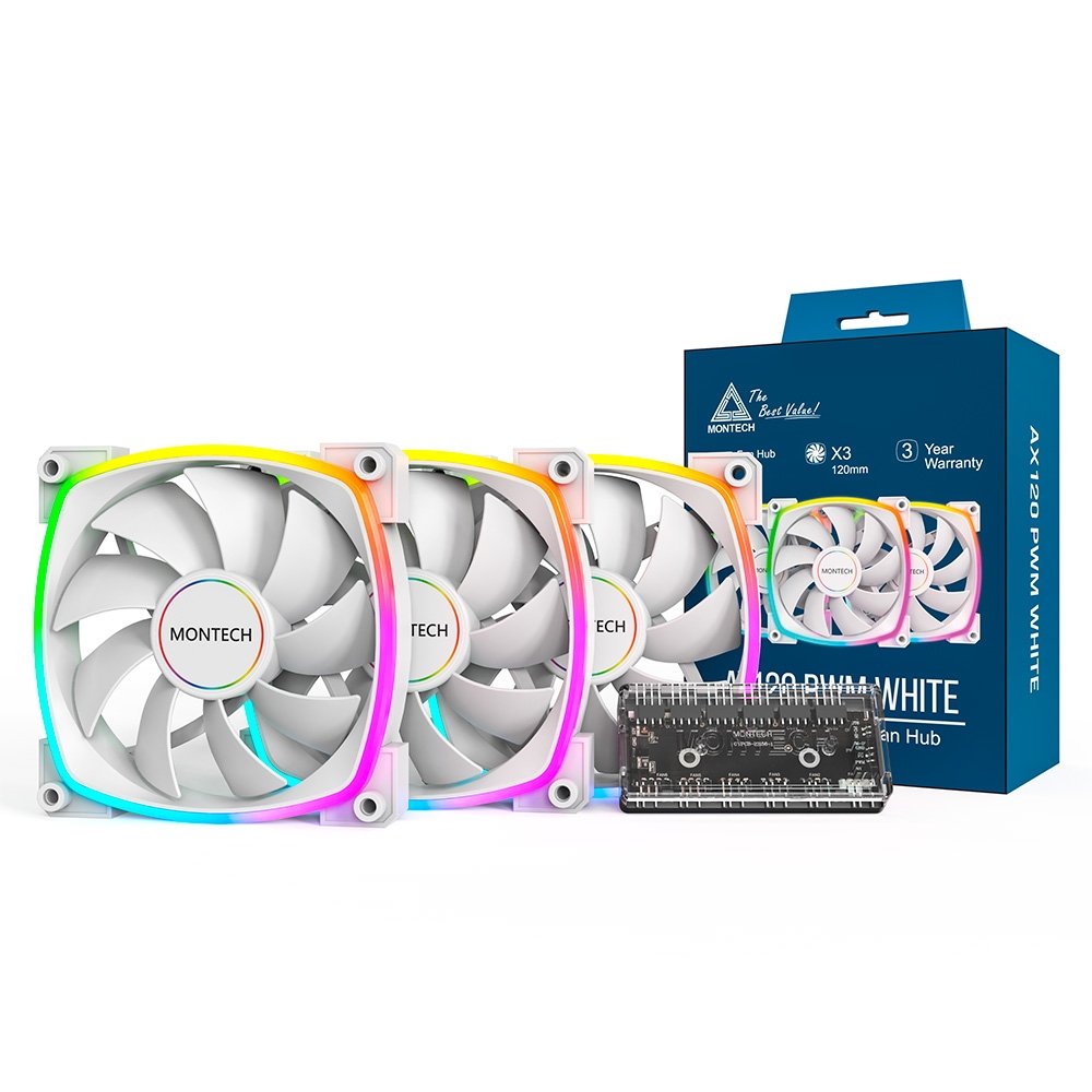 Kit com 3 Ventoinhas Montech AX120, 120mm, PWM, ARGB, Branco - AX120 PWM White 3 in 1 4