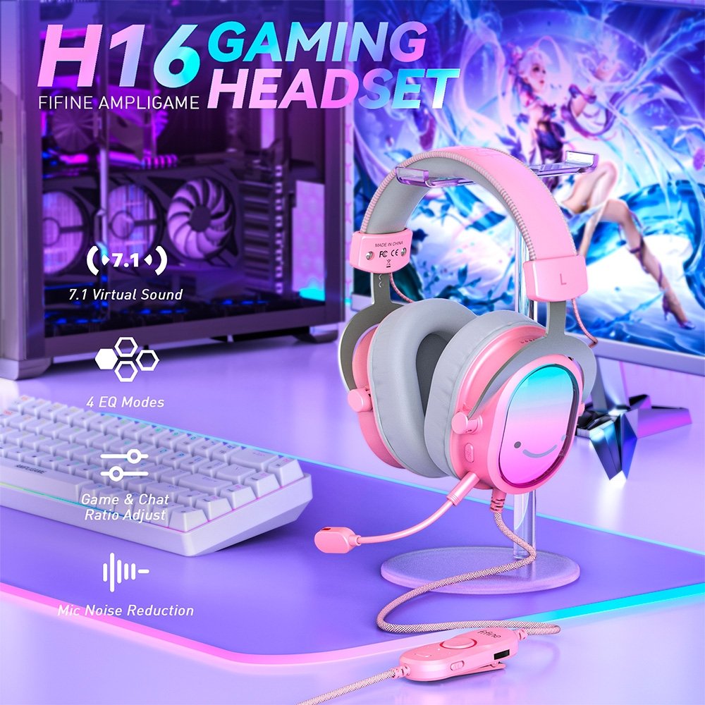 Headset Gamer Fifine AmpliGame H16, 7.1 Surround, Microfone com Cancelamento de Ruído, para PC/PS/MAC, Rosa ( Balão.info - foto 4