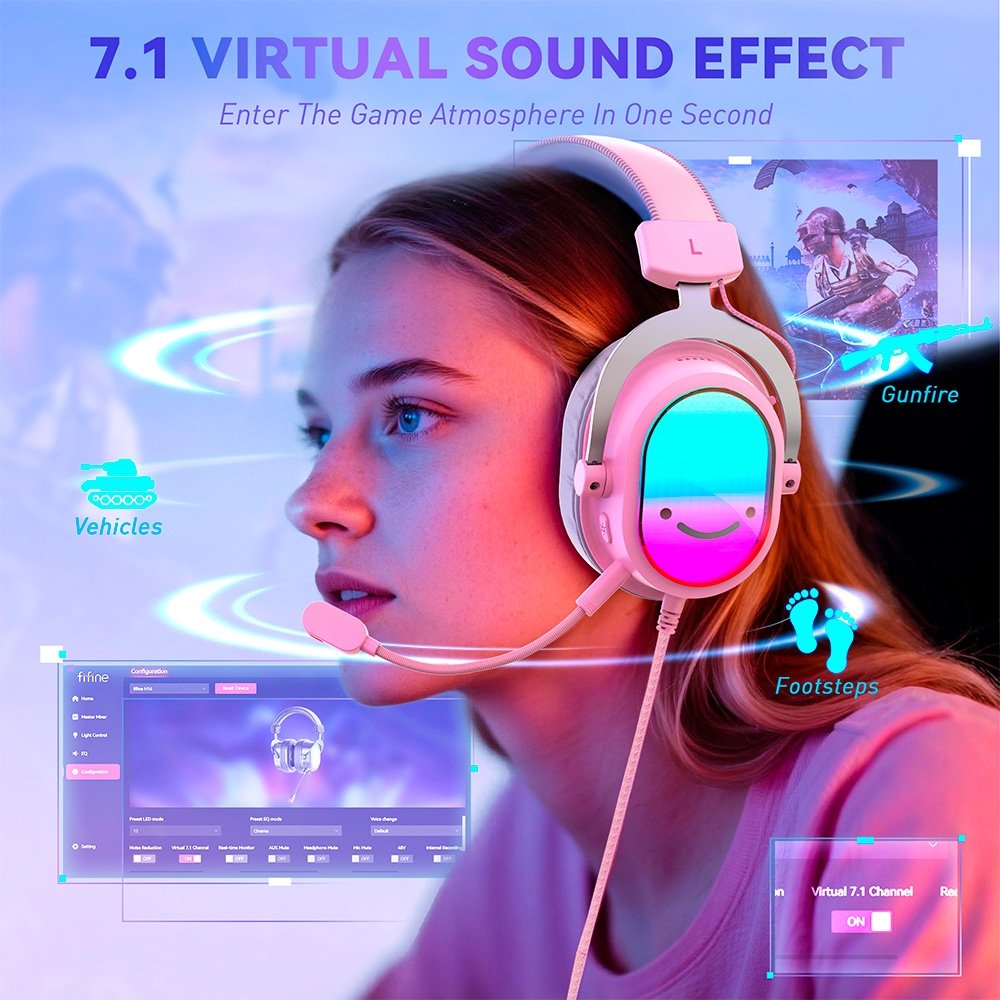 Headset Gamer Fifine AmpliGame H16, 7.1 Surround, Microfone com Cancelamento de Ruído, para PC/PS/MAC, Rosa ( Balão.info - foto 3
