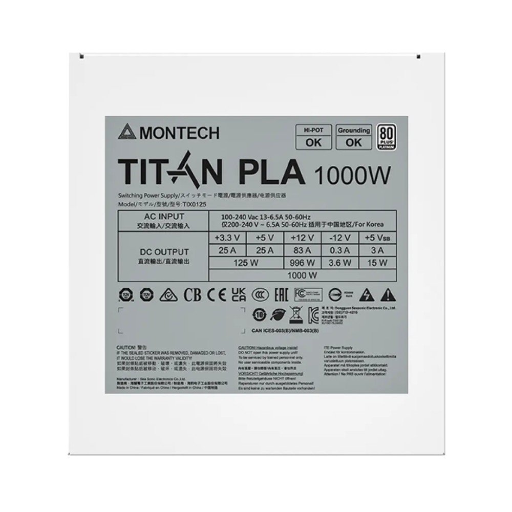 Fonte Montech TITAN PLA, 1000W, 80 Plus Platinum, Full Modular, ATX 3.1, PFC Ativo, Branco - TITAN PLA 1000W