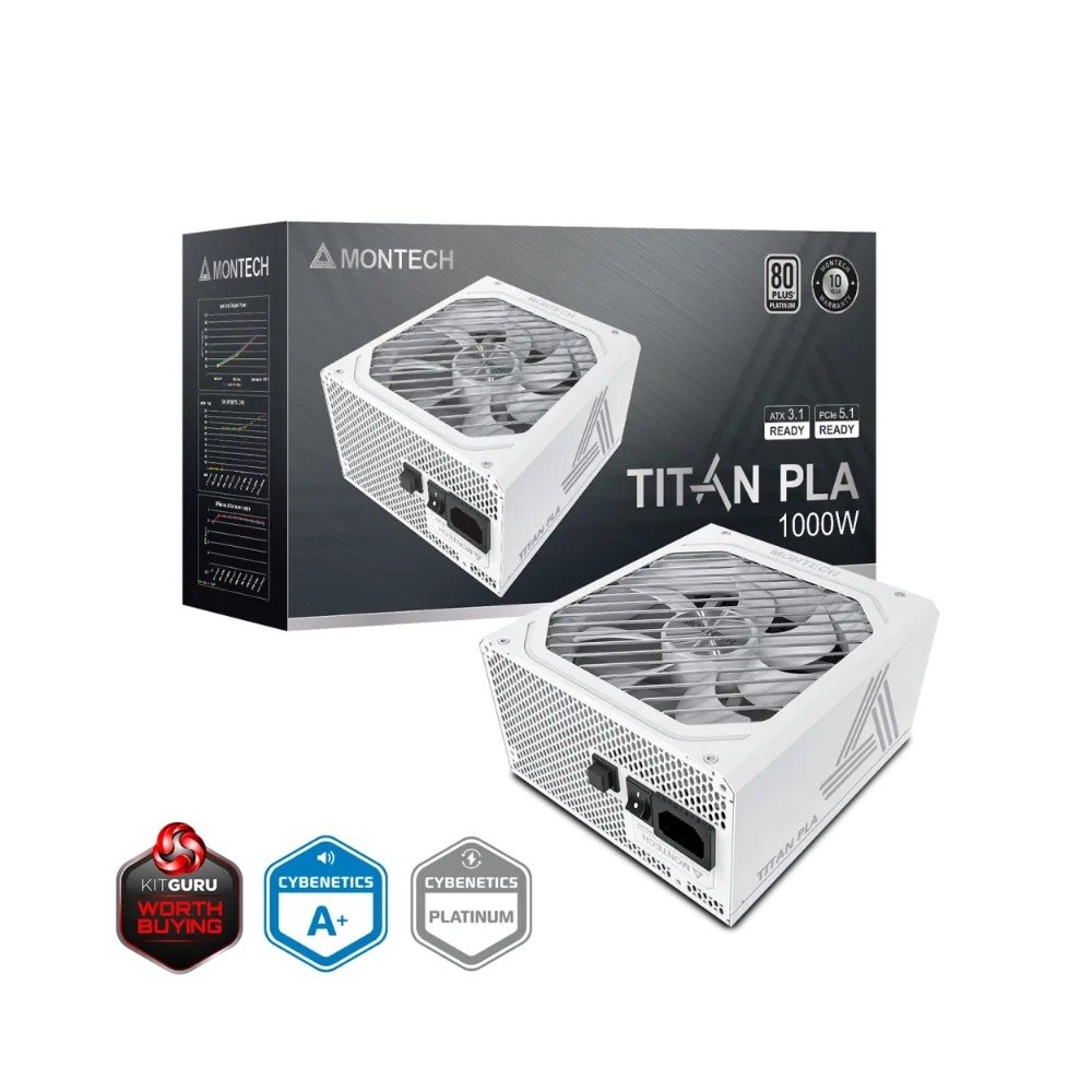 Fonte Montech TITAN PLA, 1000W, 80 Plus Platinum, Full Modular, ATX 3.1, PFC Ativo, Branco - TITAN PLA 1000W