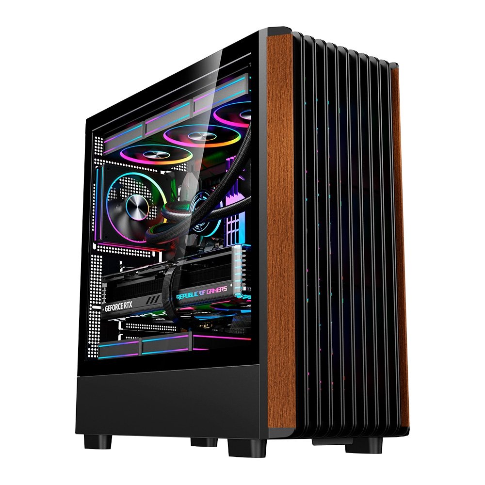 Gabinete Gamer Liketec Pinos E-ATX, Painel Frontal com Detalhes em Madeira, Preto - LC-KB-PINOS-2025-1002