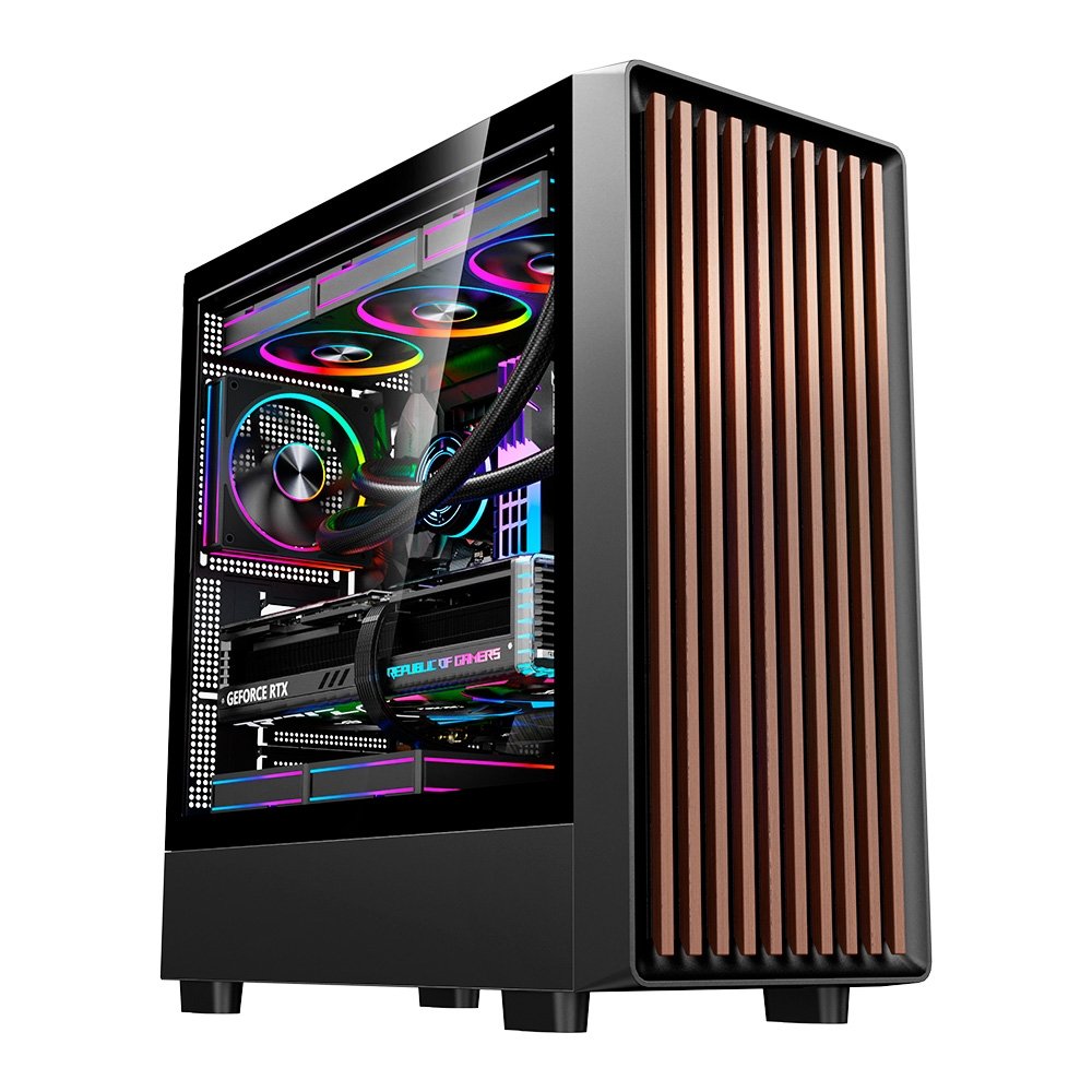 Gabinete Gamer Liketec Oak Wood, E-ATX, Painel Frontal com Detalhes em Madeira, Preto - LC-KB-WOD-2025-1003