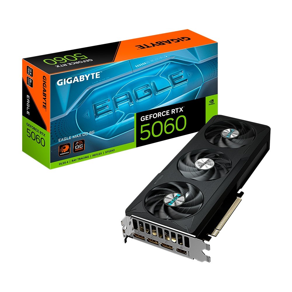 Placa de Vídeo Gigabyte RTX 5060 EAGLE MAX OC 8GB NVIDIA GeForce, 8GB GDDR7, 128bit, Triple Fan, Ray Tracing - GV-N5060EAGLEMAX OC-8GD