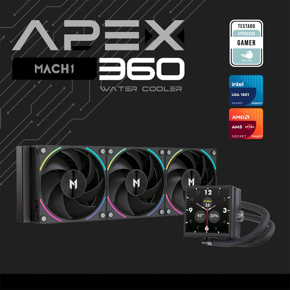 Imagem 2 de 6 do produto Water Cooler MACH1 APEX, ARGB, 360mm, com Tela LCD, AMD e Intel, Preto - AV360BK