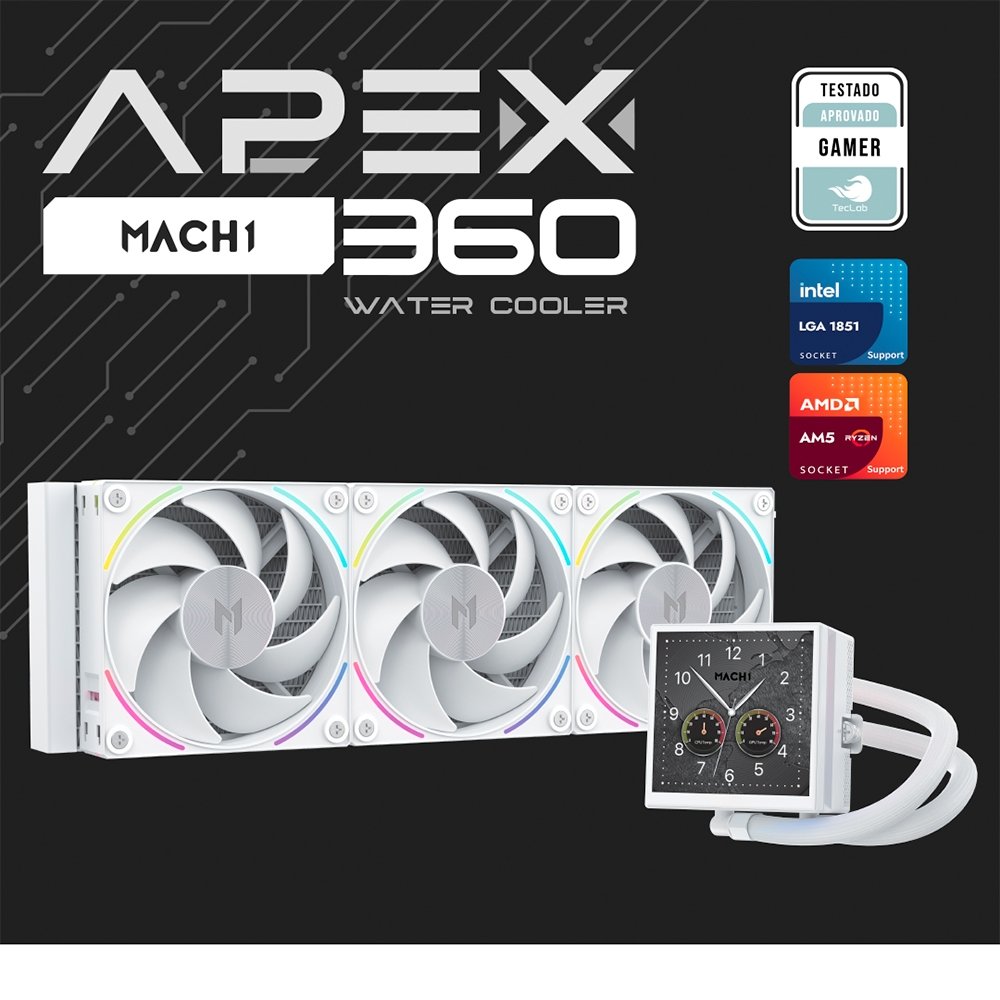 Water Cooler MACH1 APEX, ARGB, 360mm, com Tela LCD, AMD e Intel, Branco - AV360WH