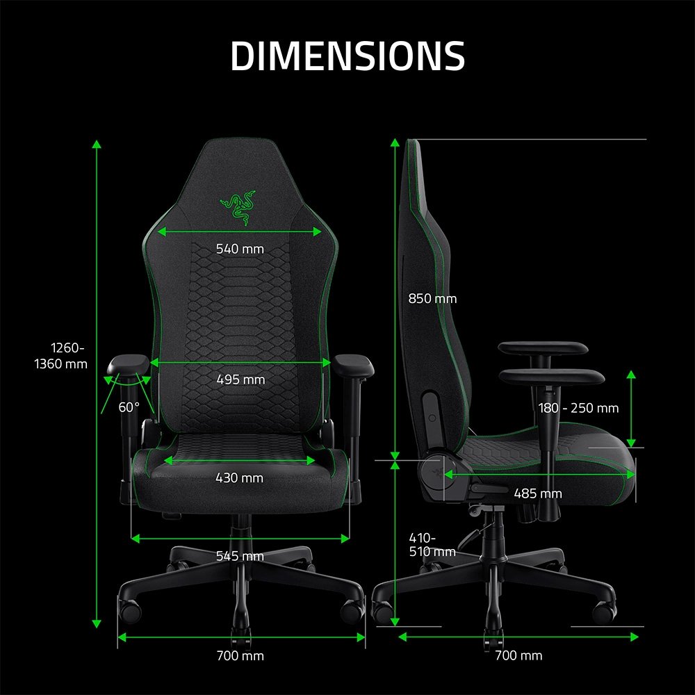 * Cadeira Gamer Razer Iskur V2 X, Até 136Kg, Reclinável, Almofada, Cilindro de Gás Classe 4, Tecido, Preta - RZ38-05310100-R3UA - view 8