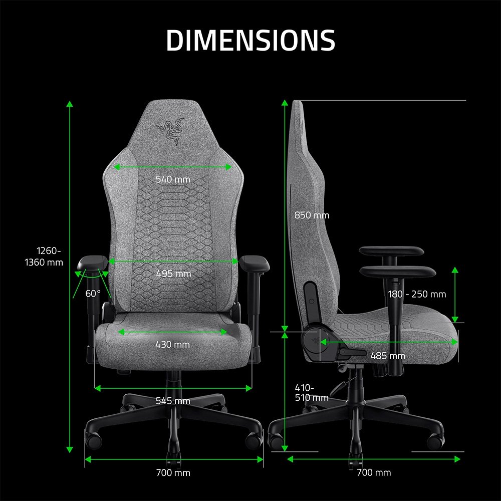 Imagem 9 de 10 do produto Cadeira Gamer Razer Iskur V2 X, Até 136Kg, Reclinável, Almofada, Cilindro de Gás Classe 4, Tecido, Cinza Claro - RZ38-05310200-R3UA
