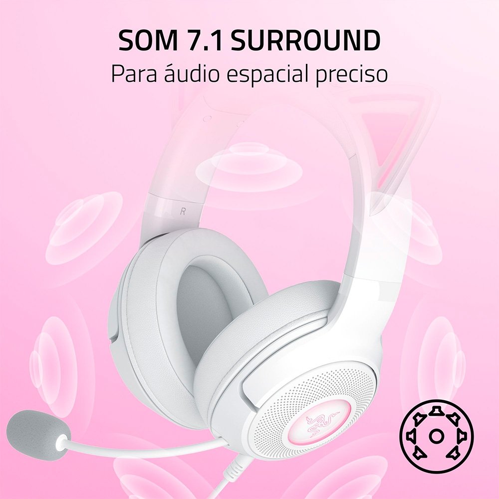 Imagem 9 de 12 do produto Headset Gamer Razer Kraken Kitty V2, Chroma RGB, Conexão USB, Branco - RZ04-04730600-R3U1