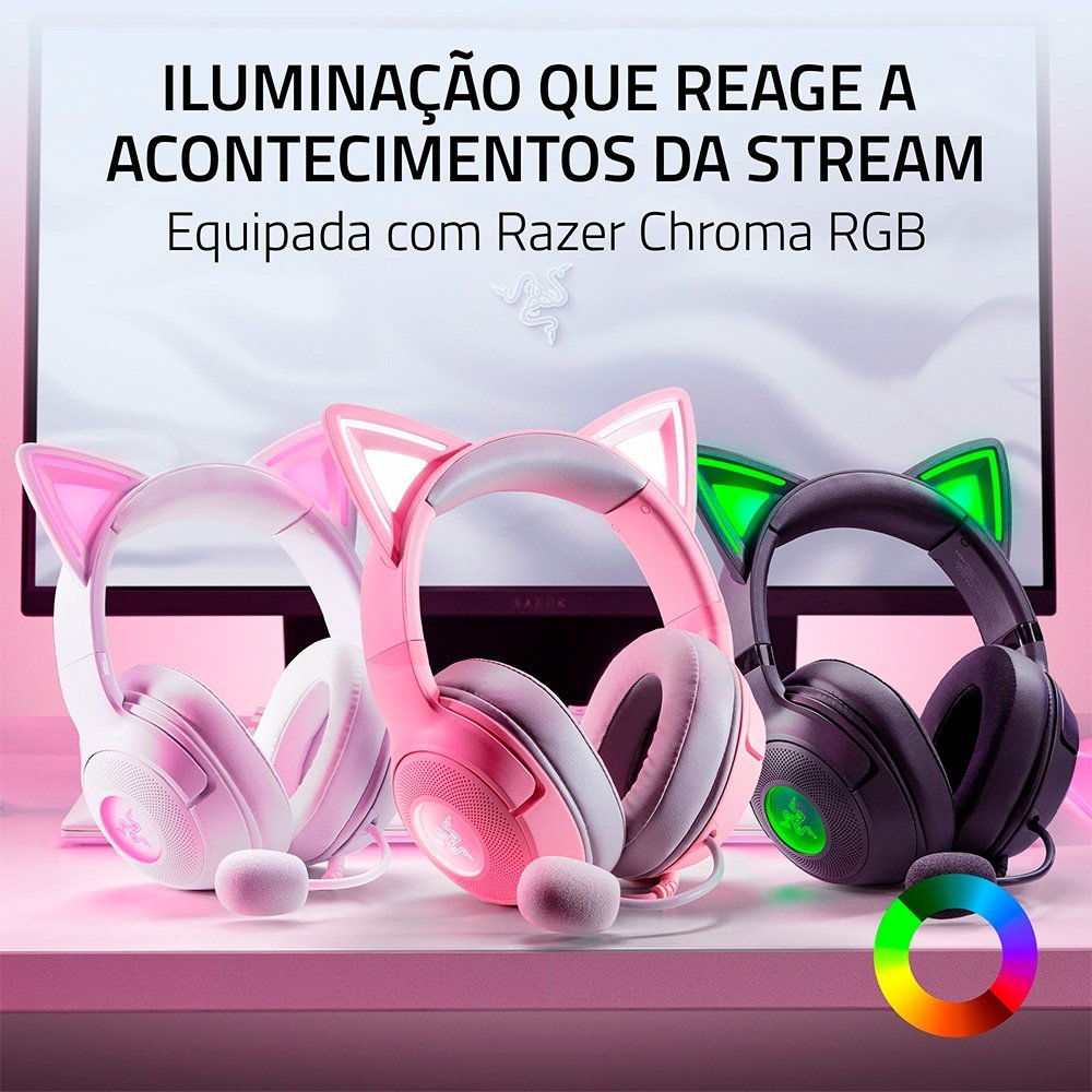 Imagem 12 de 12 do produto Headset Gamer Razer Kraken Kitty V2, Chroma RGB, Conexão USB, Branco - RZ04-04730600-R3U1