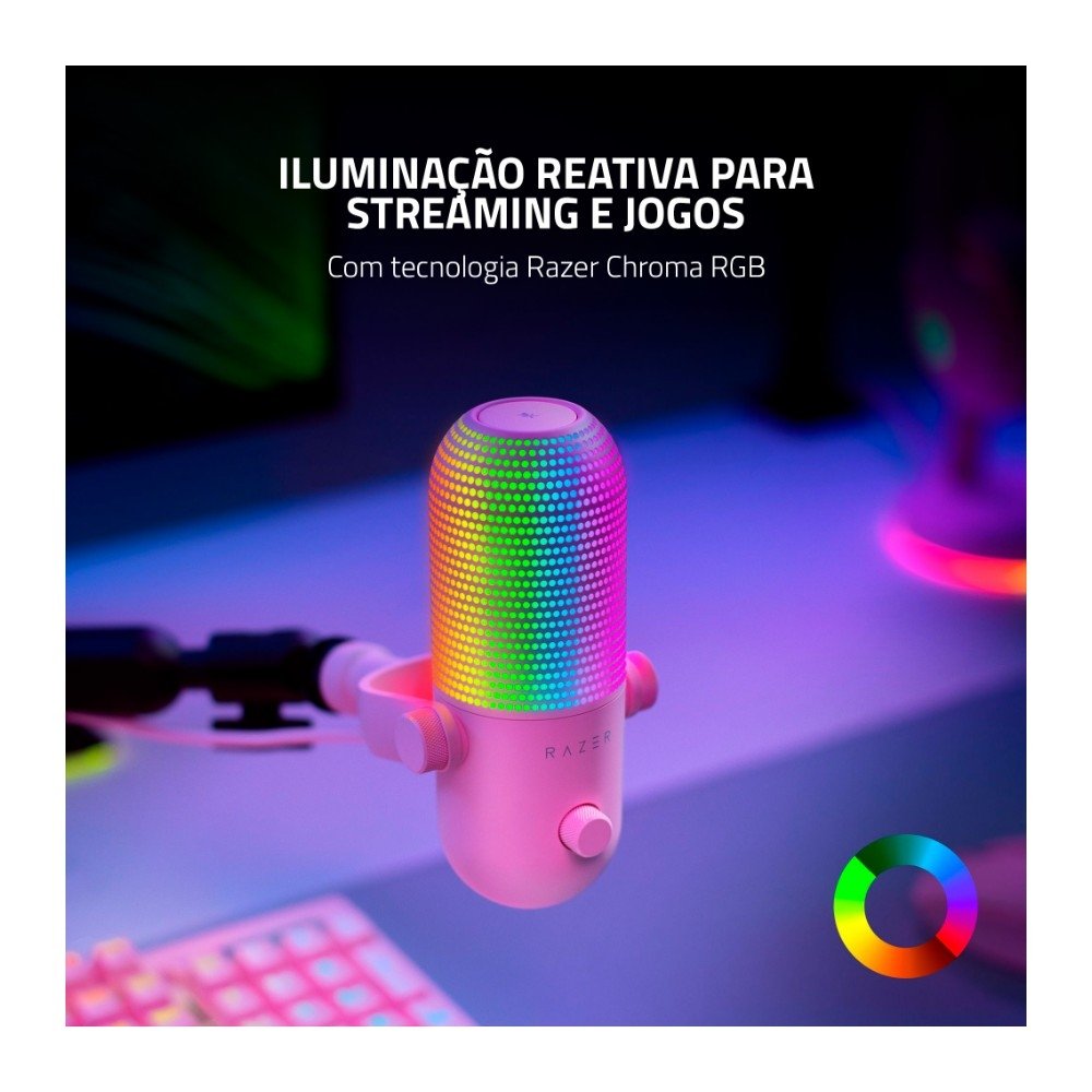 Imagem 2 de 5 do produto Microfone Gamer Razer Seiren V3 Chroma Quartz, Condensador, Iluminação RGB, Conexão USB, Porta de 3.5mm, Rosa - RZ19-05060300