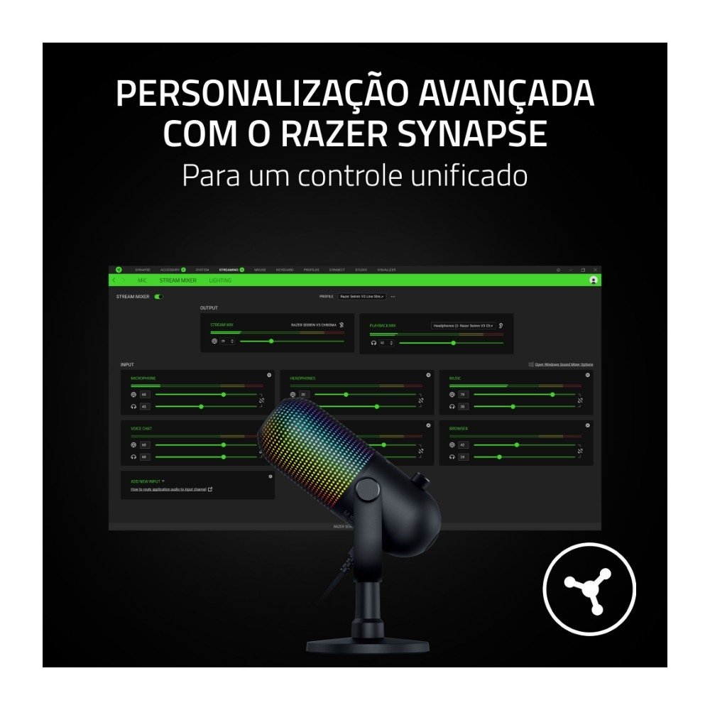 Imagem 5 de 5 do produto Microfone Razer Seiren V3 Chroma, RGB, Sensor Tap-to-Mute, Condensador, PC, Discord, OBS Studio, XSplit, USB, Preto - RZ19-05060100