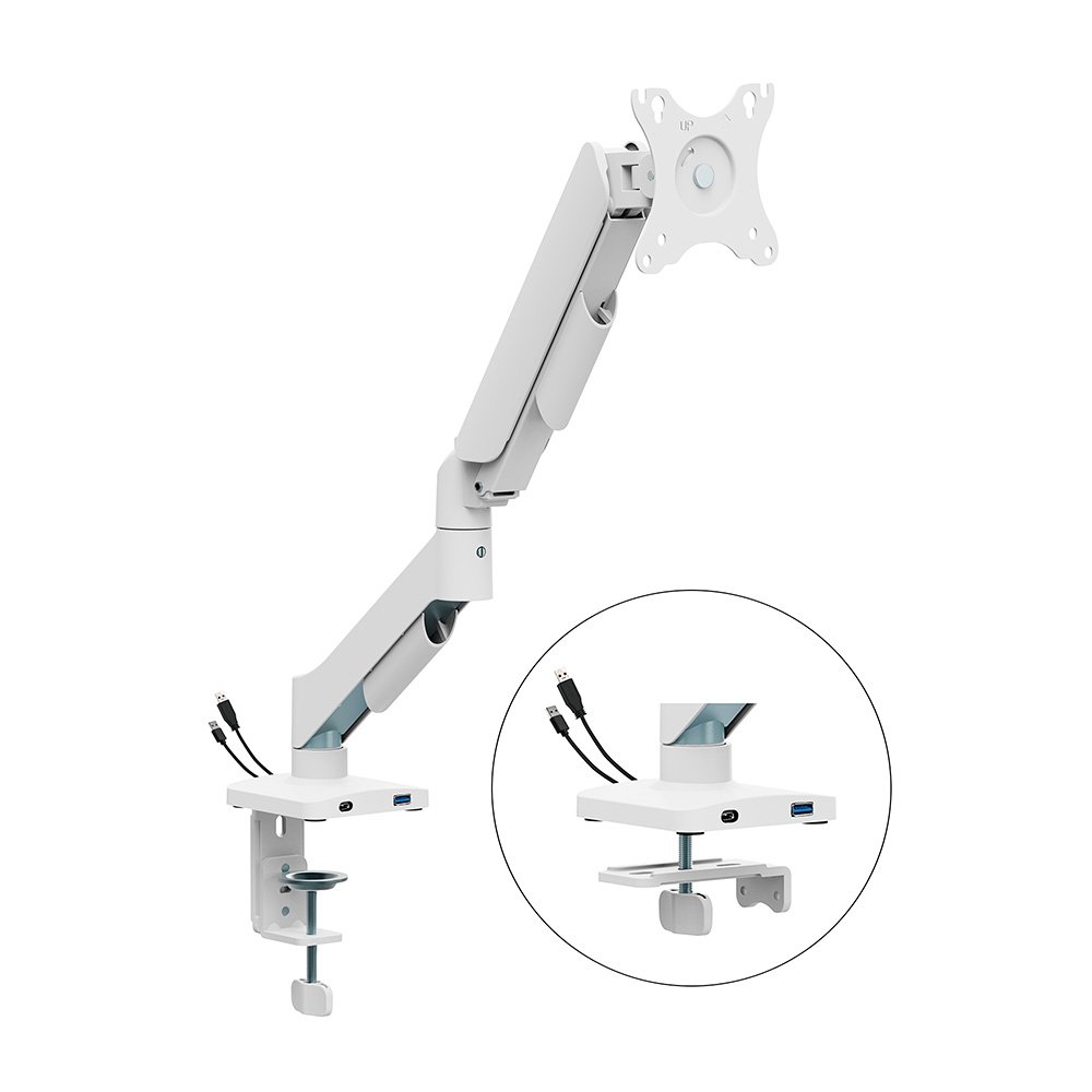 Imagem 4 de 4 do produto Suporte de Mesa Articulado Bluecase Ergo Flexy para Monitor, 17" a 32", com Portas USB, Suspensão Mecânica, Até 9kg, Branco - BSMTS01U-1WBX